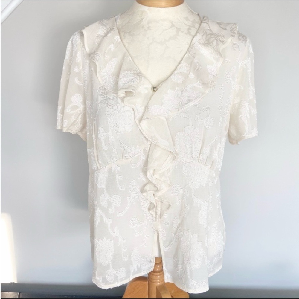 Pleione Sheer Ruffled Blouse Ivory Damask Size Medium New with Tags Empire Waist
